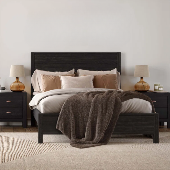 Rustic Solid Pine Wood King Size Panel Bed with Distressed Finish and Streamlined Headboard