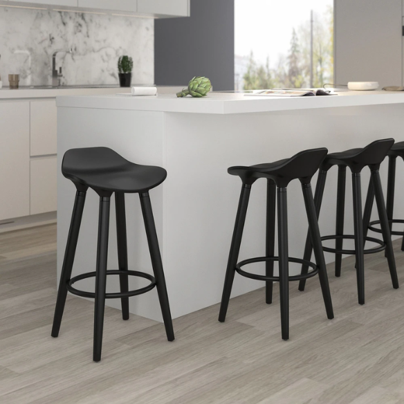 Set of 2 Mid-Century Modern 26" Counter Stools – Stylish ABS Plastic Seat with Wood Accents, Black Finished Legs & Footrest for Contemporary Kitchen or Bar
