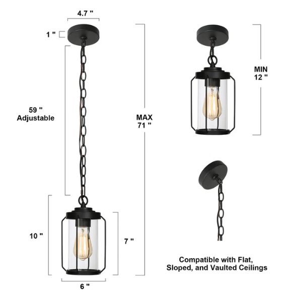 Black Outdoor Hanging Lantern Pendant Light – Weather-Resistant, Adjustable Height Pendant for Porch, Hallway, Front Door, and Entryway (D6" x H70")