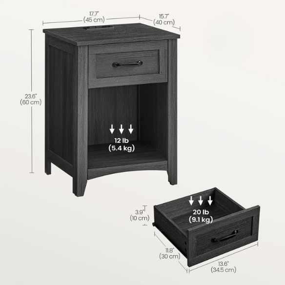 Farmhouse-Style Nightstand with Built-In Charging Station – Engineered Wood, Spacious Top, Drawer & Open Compartment, Matte Black Metal Handle, USB-A & USB-C Ports, AC Outlets, Ideal for Bedroom or Living Room