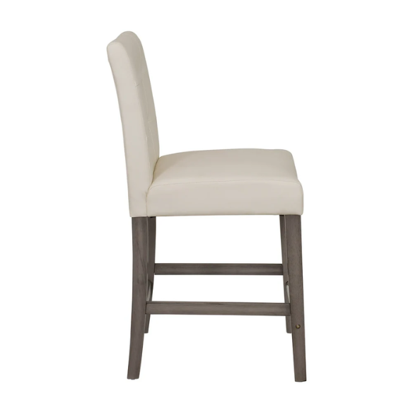 Upholstered 25" Counter Height Bar Stool – Modern Farmhouse Design with Tufted Back, Foam Padded Seat, Washed Grey Solid Wood Legs, and Durable Steel Footrest