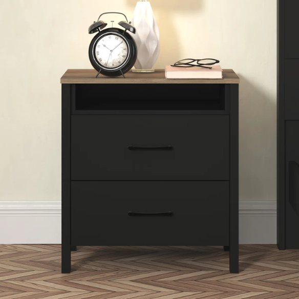 22.7" 2-Drawer Nightstand – Space-Saving Modern Minimalism, Engineered Wood with Clean-Lined Silhouette, Neutral Finish, Open Cubby & 2 Spacious Drawers for Bedroom Storage, Ideal for Tech & Accessories