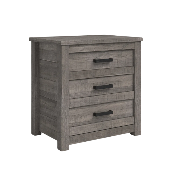 3-Drawer Solid Wood Nightstand – Rustic Distressed Finish, Clean-Lined Plank Design, Metal Hardware for Easy Access, Perfect for Storing Bedside Essentials in Traditional Bedrooms