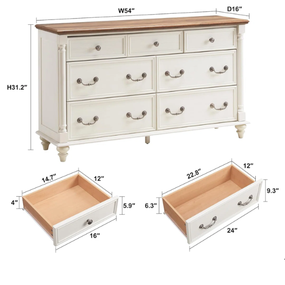 Farmhouse 7-Drawer Rustic Dresser with Two Drawer Sizes, Perfect for Bedroom or Living Room Storage