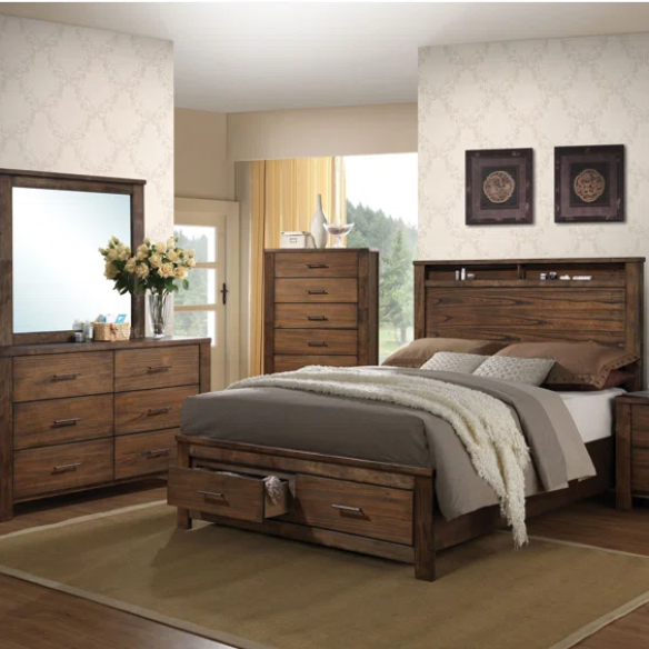 Rustic Cabin-Inspired 3-Piece King Bedroom Set – Durable Bed with Headboard Shelves and Footboard Drawers, Matching Nightstand and Dresser for Ample Storage