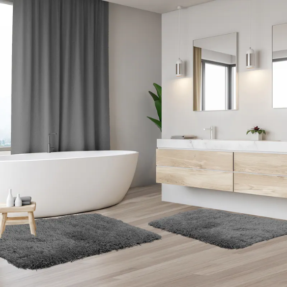 Dark Grey Shaggy Bath Rug Set – Ultra-Soft Microfiber Non-Slip Bathroom Mat with Rubber Backing (2 or 3-Piece Set)