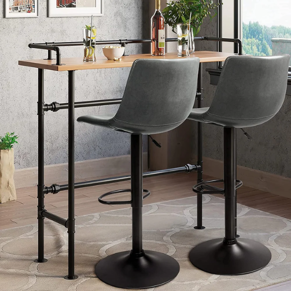Set of 2 Adjustable Height Swivel Bar Stools with Back – Mid-Century Modern Design, Polished Chrome Base, Ergonomic Imitation Leather Seat, 360° Rotation for Kitchen Island or Bar