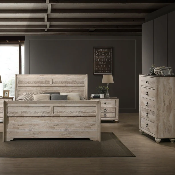 Charming 6-Piece White Wash Finish Bedroom Set with Sleigh Bed, Dresser, Mirror, Nightstands, and Chest – Antique Bronze Accents and Rustic Elegance