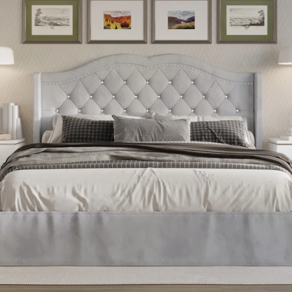Luxurious King Size Upholstered Wingback Platform Bed with Velvet Fabric, Foam-Padded Camelback Headboard, Diamond Tufting, Nailhead Trim, and Included Bed Skirt for Hidden Storage