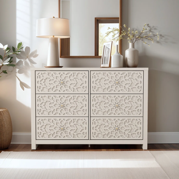 Boho-Inspired 45.4" 6-Drawer Dresser with Distressed Finish and Openwork Floral Details