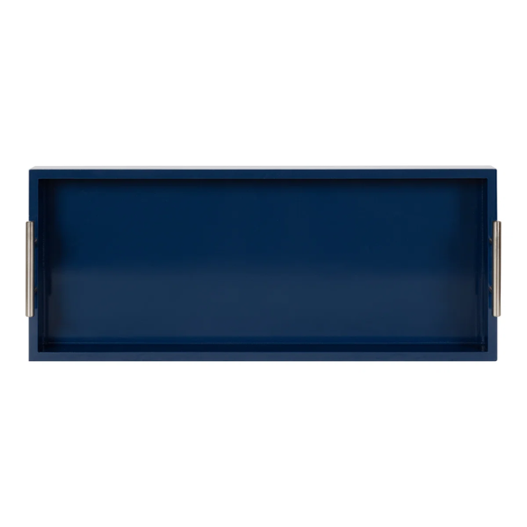 Sleek and Sophisticated Long Rectangular Serving Tray – High Gloss Wood with Polished Metal Handles, Perfect for Entryway, Vanity, or Coffee Table