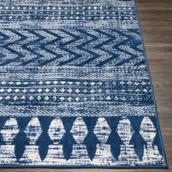 Southwestern-Inspired Geometric Rug – Navy Blue Diamond, Chevron & Dot Patterns on Off-White, Stain-Resistant, Perfect for High-Traffic Areas