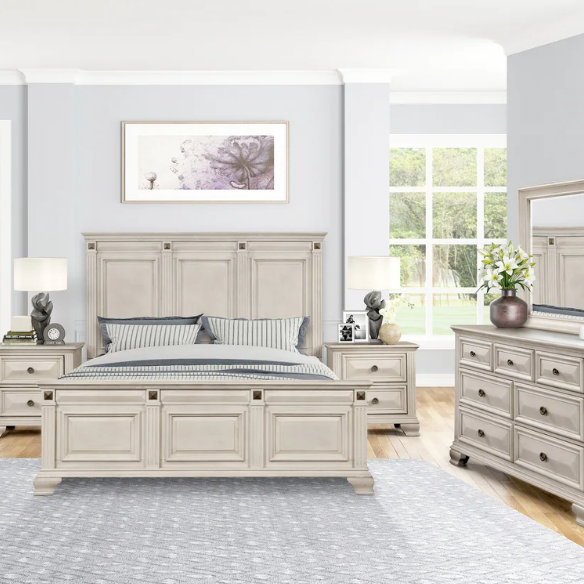 Distressed Parchment Wood Queen Bedroom Set – Elegant Silver Accents, Fluted Pilasters, and Beveled Drawer Fronts for Timeless Charm