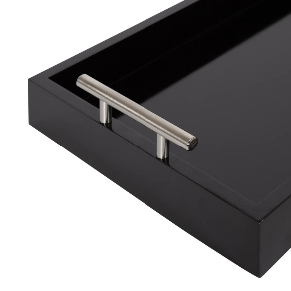 Sleek and Sophisticated Long Rectangular Serving Tray – High Gloss Wood with Polished Metal Handles, Perfect for Entryway, Vanity, or Coffee Table