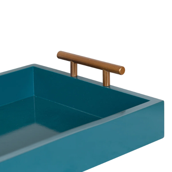 Sleek and Sophisticated Long Rectangular Serving Tray – High Gloss Wood with Polished Metal Handles, Perfect for Entryway, Vanity, or Coffee Table