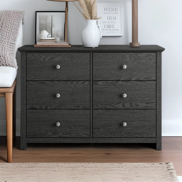 Modern 6-Drawer Double Dresser with Angled Sled Legs and Round Metal Hardware