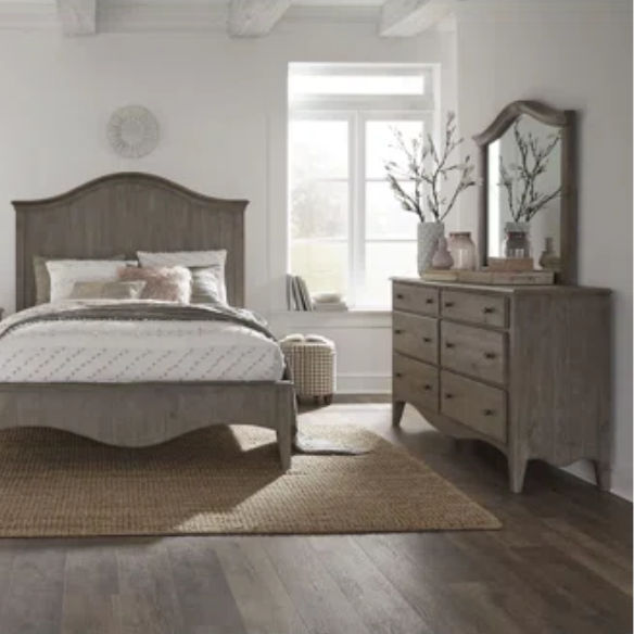 Rustic Charm Meets Chic Elegance: Solid Wood Platform King Size Bedroom Set with Scalloped Edges, Weathered White Wash Finish, Unique Grain Patterns, Angled Feet, and Oil-Rubbed Bronze Drawer Pulls