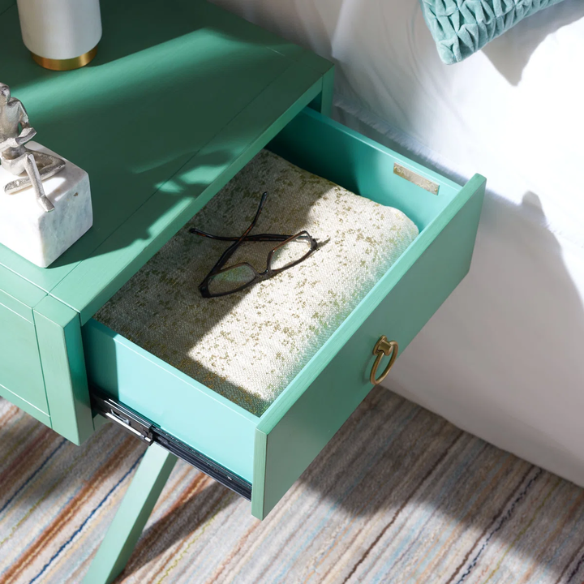 1-Drawer Nightstand – Classic Campaign Style with Contemporary Chic, Acacia Wood Frame, Cross-Base Design, Bold Finish, Gold Drawer Pull, Perfect for Modern Bedrooms