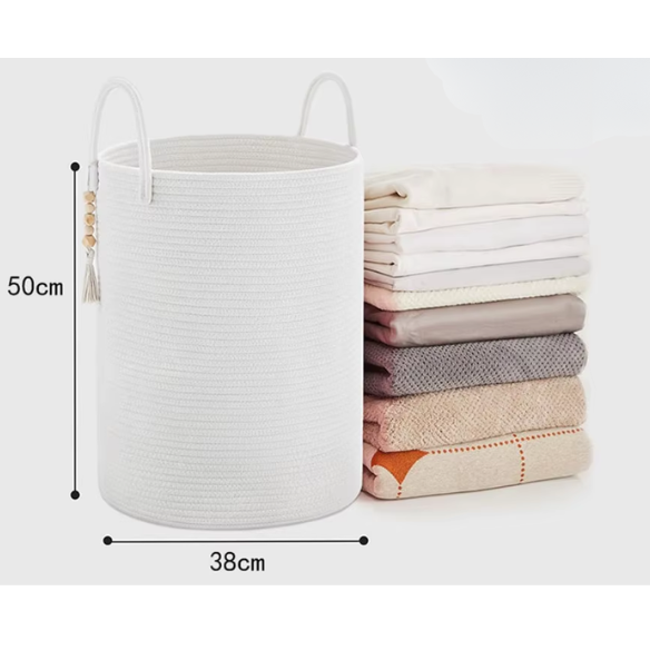 Large Tall Woven Storage Basket – Decorative Laundry Hamper with Handles, Foldable Cotton Rope Design for Clothes, Kids' Toys, and Living Room