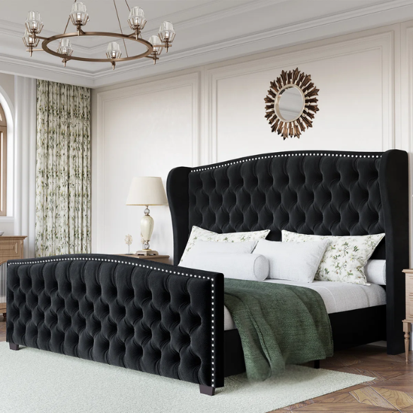 Luxurious King Size Velvet Upholstered Platform Bed Frame with Wingback Headboard – Handmade Button Tufting, Nailhead Detailing, Sturdy Construction, and No Box Spring Needed
