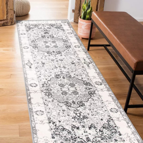 Distressed Oriental-Inspired Indoor Rug – Gray, Silver & Ivory Medallion Pattern, Stain-Resistant, Fade-Resistant, Perfect for Traditional & French Country Décor