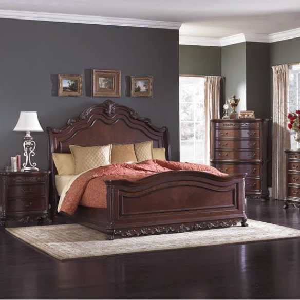 4-Piece Configurable Bedroom Set with Solid Cherry Wood Construction, Antique Walnut Veneer, Crown Molding, Carved Claw Feet, and Ample Storage - Includes Bed, Dresser, Nightstand, and Matching Mirror