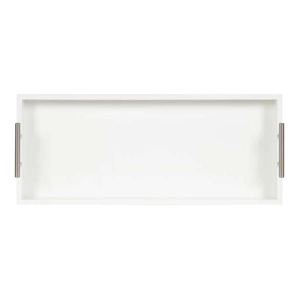 Sleek and Sophisticated Long Rectangular Serving Tray – High Gloss Wood with Polished Metal Handles, Perfect for Entryway, Vanity, or Coffee Table