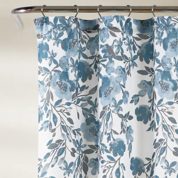 Blue and Grey Floral Vine Shower Curtain – Shabby Chic Farmhouse Style, 72" x 72"