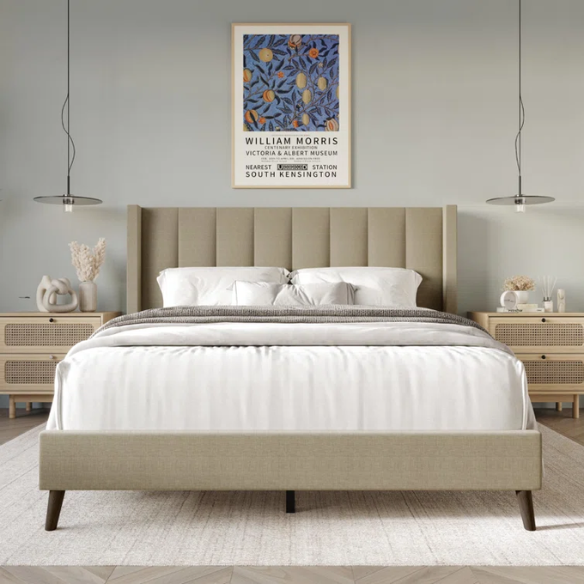 Queen Size Upholstered Wingback Bed with Soft Polyester Fabric – Elegant and Modern Design