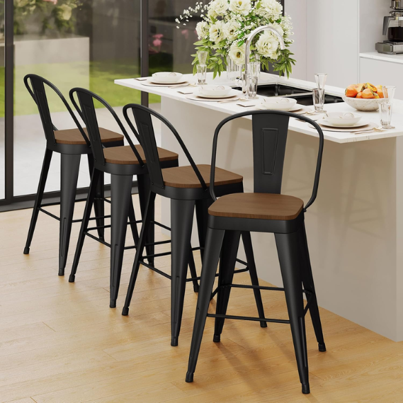 Set of 4 Farmhouse Counter Height Bar Stools – Rustic Industrial Style with Removable Backrest, Heavy-Duty Steel Frame, and Scratch-Resistant Finish