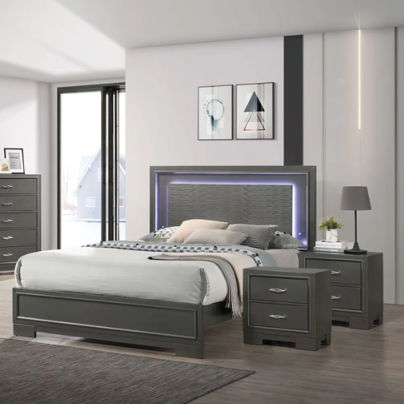 Contemporary 6-Piece Queen Bedroom Set in Solid Grey with LED-Illuminated Headboard, Textured Panels, and Eco-Friendly Rubberwood Construction
