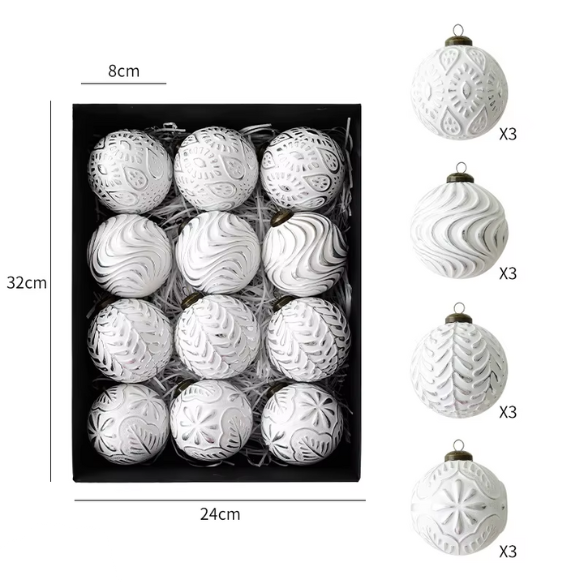 Silver & White Embossed Christmas Ornaments – Elegant Holiday Bauble Set (12 Pieces)