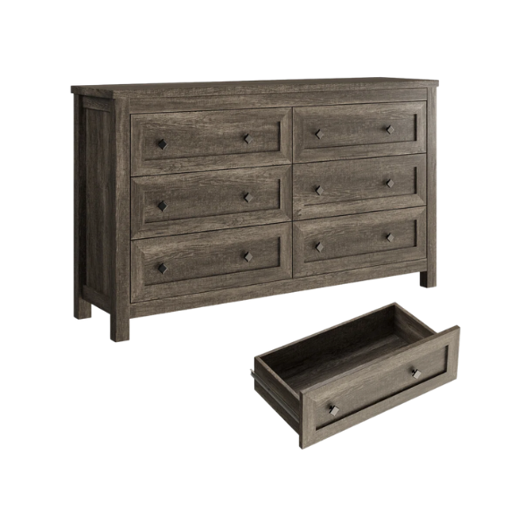 6-Drawer Dresser – A Perfect Blend of Rustic Charm and Industrial Elegance, Featuring a Clean-Lined Silhouette and Weathered Finish. Crafted from Solid and Engineered Wood
