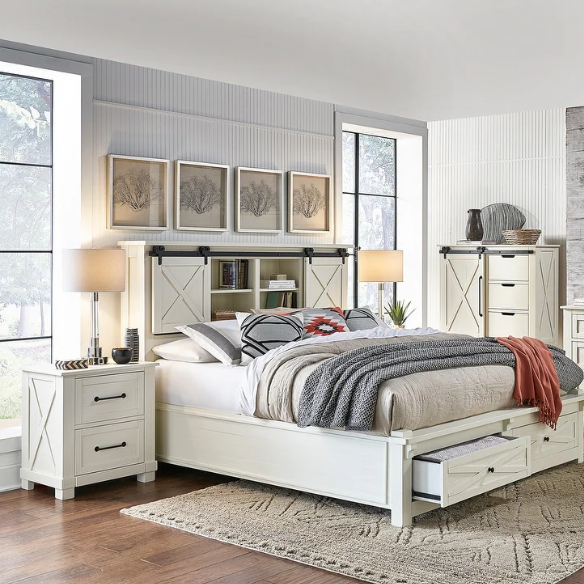 Solid Wood 5-Piece Storage Bedroom Collection – Rustic Elegance with Ample Storage, New Zealand Pine Construction, and Distressed White & Graphite Finish