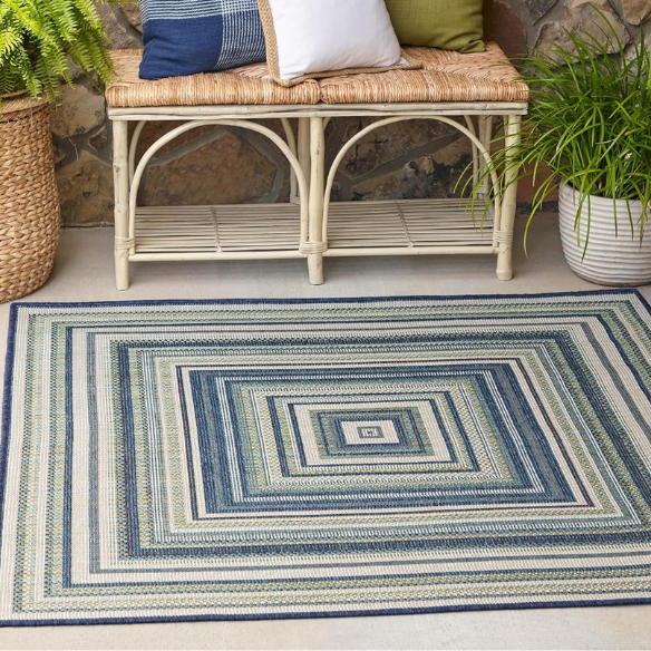 Coastal-Inspired Geometric Rug – Fade & Stain-Resistant,Ivory,Green,Blue Pattern, Ideal for Indoor/Outdoor Use