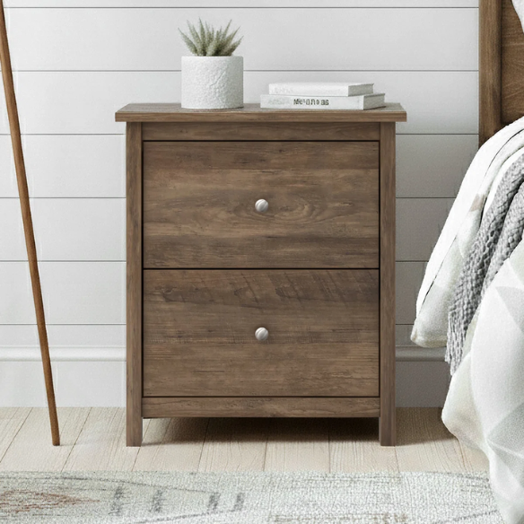 2-Drawer Nightstand – Neutral Engineered Wood, Streamlined Rectangular Design, Four Block Legs, Convenient Storage with Roller-Glide Drawers & Metal Knobs, Perfect for Traditional & Contemporary Bedroom
