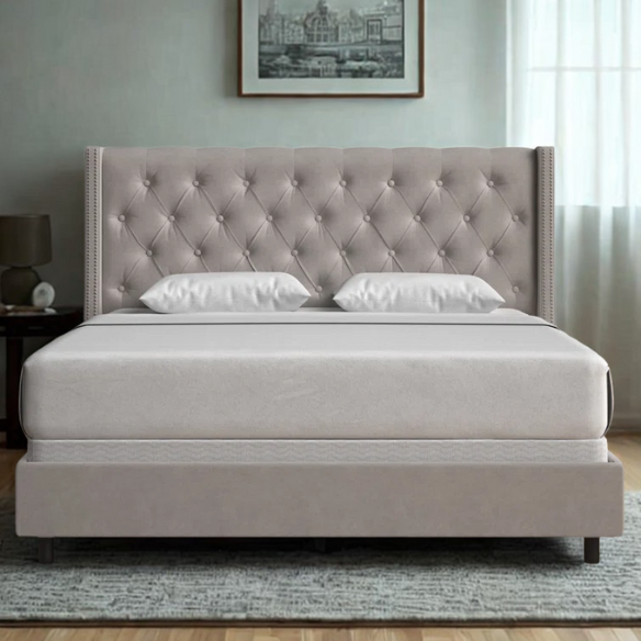 Chic Upholstered Wingback King Size Bed with Button Tufting and Nailhead Trim