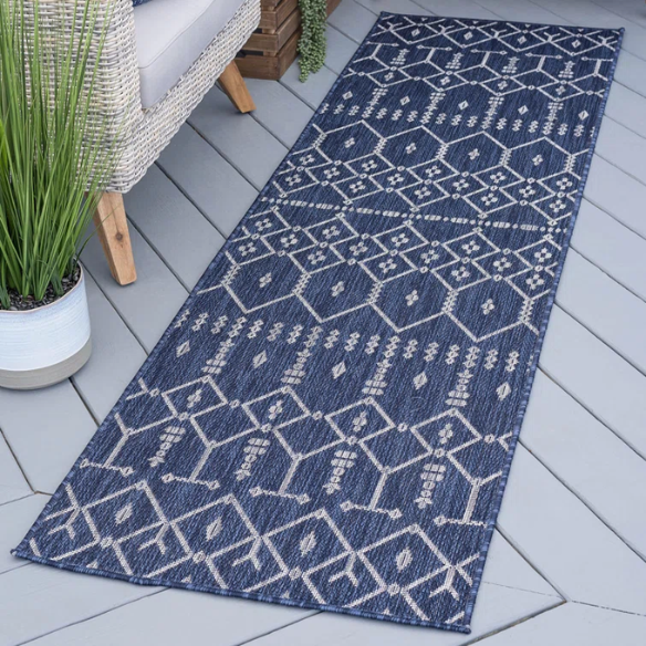 Boho-Inspired Navy & Grey Geometric Rug – Fade & Stain-Resistant, Low-Pile, Perfect for High-Traffic Indoor/Outdoor Spaces