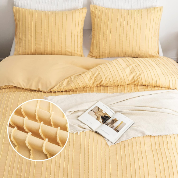Luxurious Tufted Duvet Cover Set – Queen Size | Striped Textured Boho Bedding | Ultra-Soft Washed Microfiber | 3-Piece Set