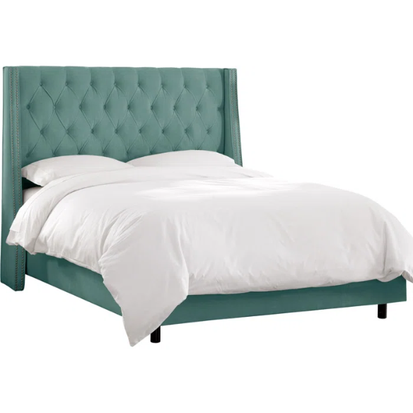 Chic Upholstered Wingback King Size Bed with Button Tufting and Nailhead Trim