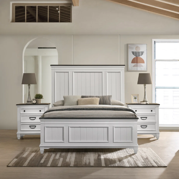 Modern Farmhouse 3-Piece Queen Bedroom Set with Natural Wood Trim, Featuring a Stylish Wooden Bed