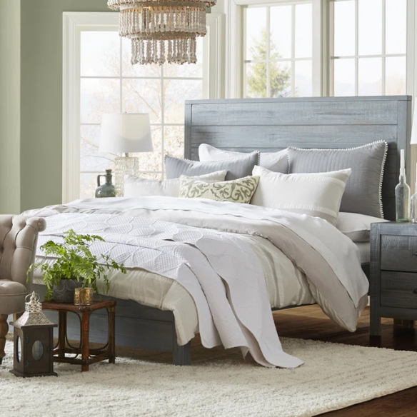 Rustic Solid Pine Wood King Size Panel Bed with Distressed Finish and Streamlined Headboard