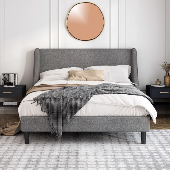 Modern Queen Size Upholstered Platform Bed with Deluxe Wingback and Linen Blend Fabric