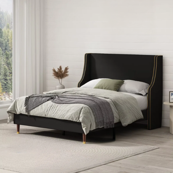 Elegant Linen Wingback Upholstered Platform Bed Frame – Luxurious Full Double Size Design with Gold Piping, Sturdy Support, and Effortless Assembly