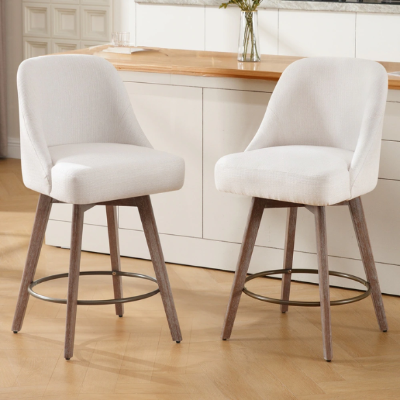 Modern Counter Height Swivel Bar Stool – Upholstered Faux Leather/Polyester Blend Seat, Solid Beech Wood Frame, Ergonomic High Back, Bronze Metal Footrest, 300lb Capacity for Kitchen, Bar, or Pub