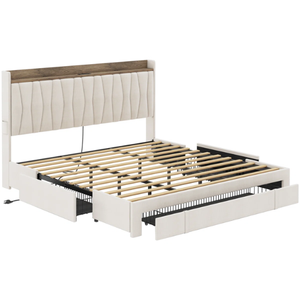 Modern Upholstered King Size Bed Frame with 3 Storage Drawers, Soft Foam Headboard, and Built-in Charging Station