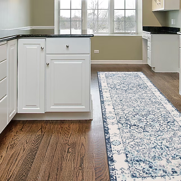 Distressed Oriental-Inspired Indoor Rug – Blue and White Medallion Pattern, Stain-Resistant, Fade-Resistant, Perfect for Traditional & French Country Décor