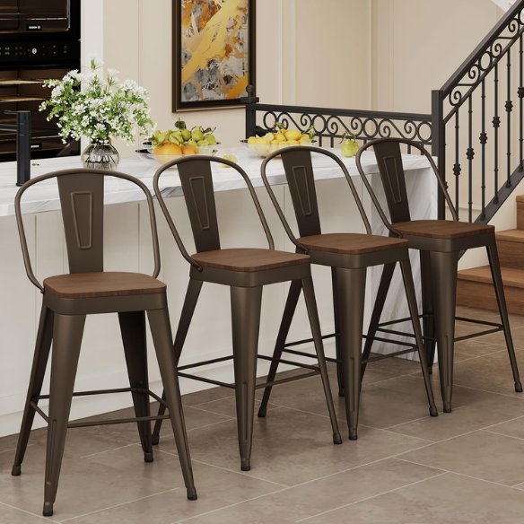 Set of 4 Farmhouse Counter Height Bar Stools – Rustic Industrial Style with Removable Backrest, Heavy-Duty Steel Frame, and Scratch-Resistant Finish