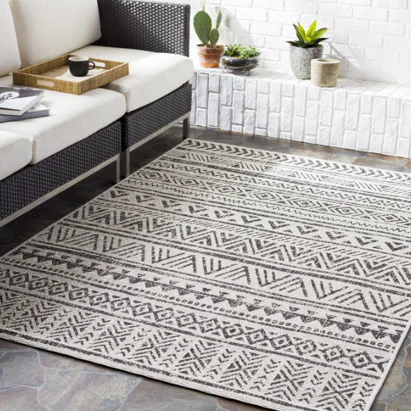 Striped Geometric Area Rug – Charcoal & Off-White, Durable Polypropylene, Low-Pile Design for High-Traffic Indoor/Outdoor Spaces