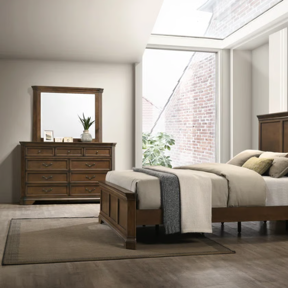 Traditional Wood Panel Bedroom Set with Dresser, Mirror, Nightstand, and Chest in Antique Walnut Finish